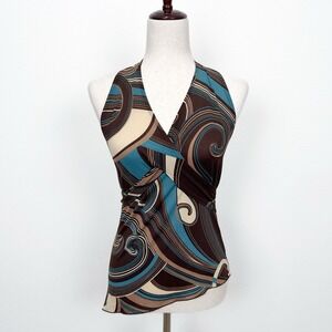 Vtg 90s Vanity Top Womens XS* Brown Blue Halter Asymmetric Abstract Fairy Grunge